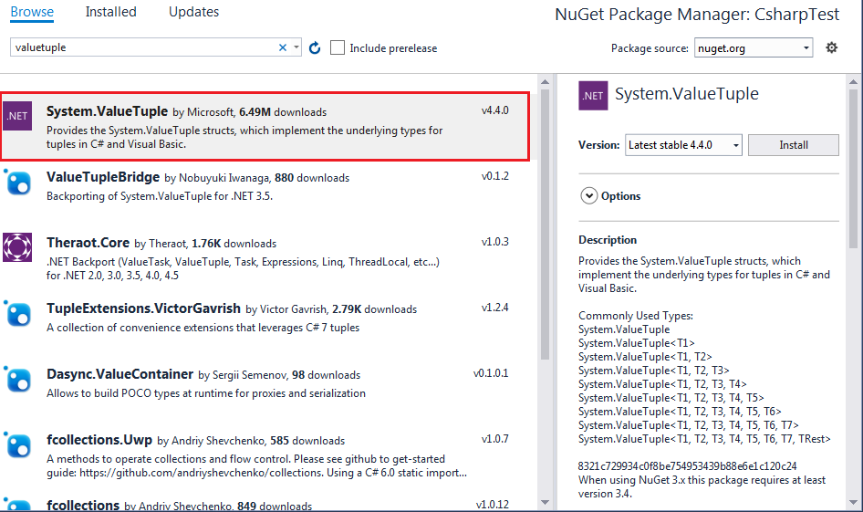 C# ValueTuple Installation C# ValueTuple